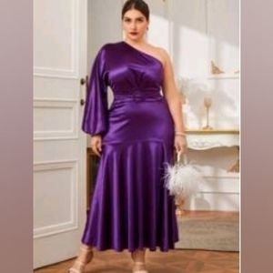 One Shoulder O Ring Belted Satin Dress